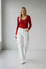 Red Basic Scoop Long Sleeve Top