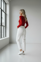 Red Basic Scoop Long Sleeve Top