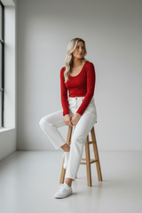 Red Basic Scoop Long Sleeve Top