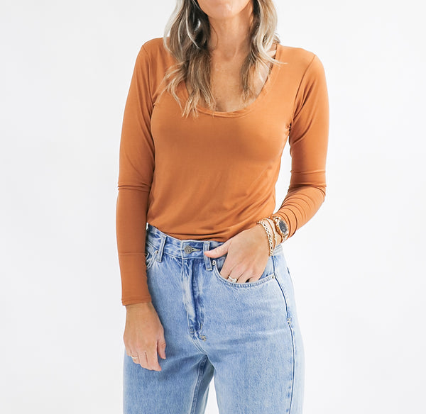 Basic Scoop Long Sleeve Top - Ginger nut