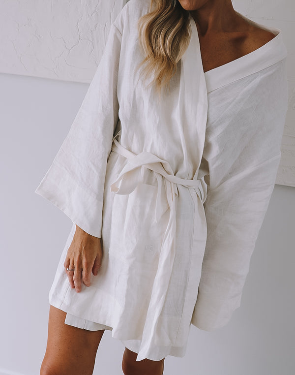 OS Linen Robe Short - White