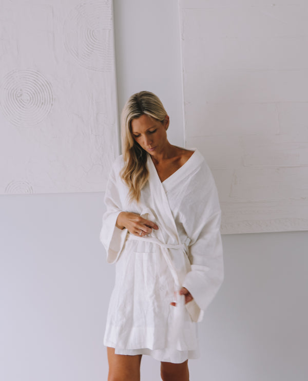 OS Linen Robe Short - White